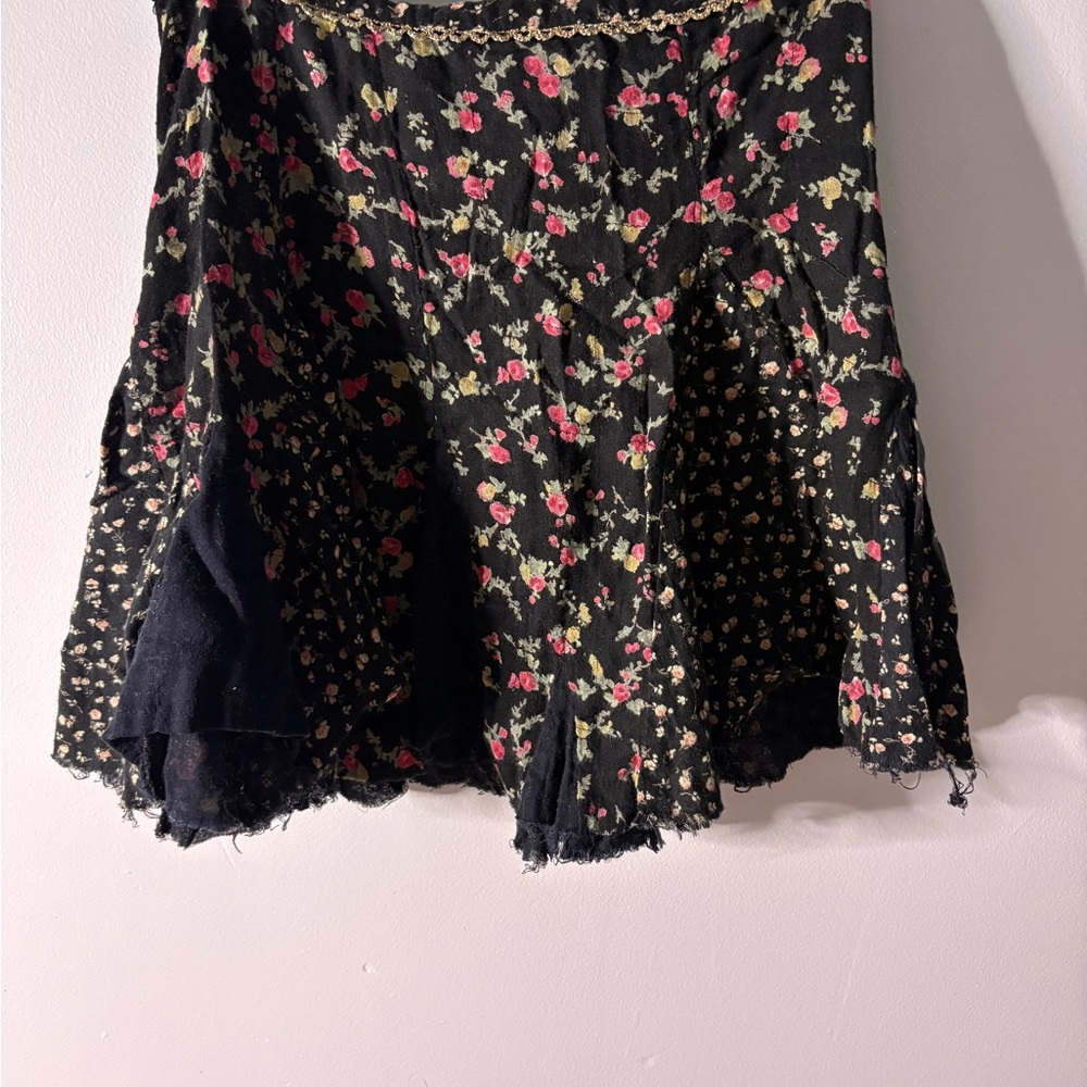 Free People Vintage Black Floral Midi Skirt with Pink Rose Print